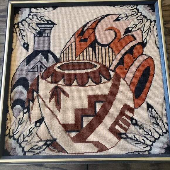Native American Pottery Finished Cross Stitch Framed Art Southwest Decor Vtg 90s - Picture 1 of 6